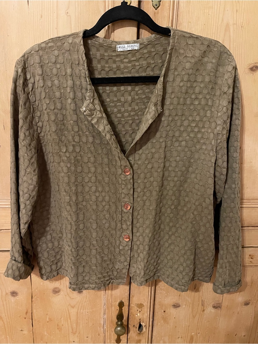 Olive Green Textured Button-Up Women's Top by Russ Berens size M